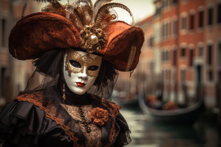 An image of a mysterious figure wearing a Venetian Carnival Mask, standing against a backdrop of the iconic Venetian canals and gondolas, evoking the allure and elegance of Venice. Generative AIの素材
