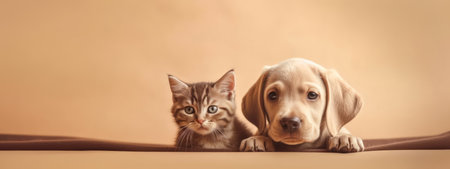 Cat and Dog in soft beige background banner with copy space. Generative AIの素材