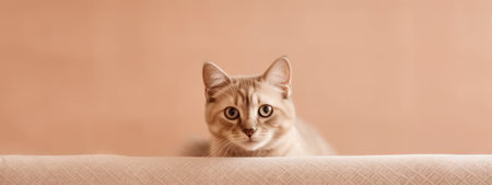 Cat in soft beige background banner with copy space. Generative AIの素材