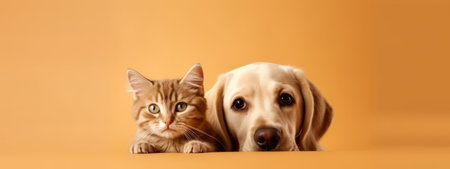 Cat and Dog in soft beige background banner with copy space. Generative AIの素材