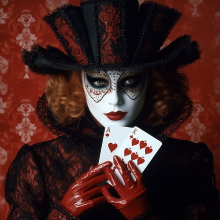 Mysterious masked woman holding a playing card, alluding to the themes of deception and hidden identities. Generative AIの素材