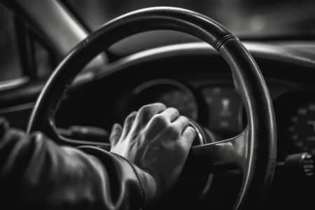 A close-up image of a driver's hand firmly gripping the steering wheel as their car overtakes, with a blurred background, focusing on the driver's determination and control. Generative AIの素材