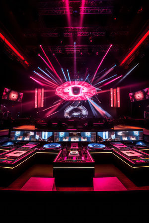 An image of a DJ booth surrounded by an impressive stage setup, complete with LED screens and lighting effects, emphasizing the professional production value of the event. Generative AIの素材