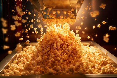 A close-up of a popcorn machine, with popcorn kernels popping and flying out of the machine, capturing the essence of the popcorn-making process. Generative AIの素材