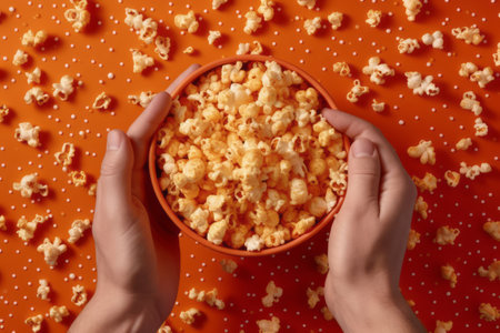 An overhead shot of a hand grabbing a handful of popcorn from a bowl, with the popcorn kernels frozen in mid-air, showcasing the anticipation and enjoyment of snacking on popcorn. Generative AIの素材