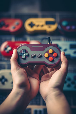 A close-up shot of a person's hands holding a retro game controller, evoking the nostalgia of 90s video gaming. Generative Aiの素材