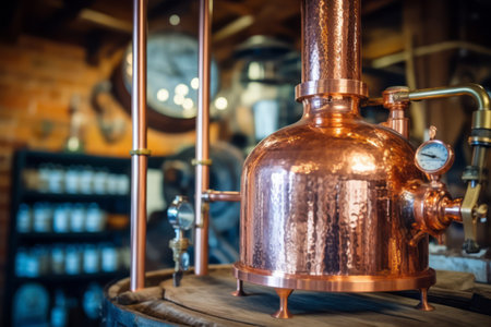 A close-up shot of a vintage copper still used for moonshine production, showcasing the craftsmanship and history behind the process. Generative Aiの素材