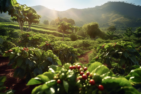 Rustic coffee plantation scene, showcasing rows of lush, green coffee plants, with ripe, red coffee cherries ready for harvest. Generative Aiの素材