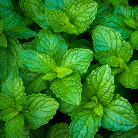 Fresh mint leaves arranged in a neat pattern, showcasing their vibrant green color and natural texture. Generative AIの素材