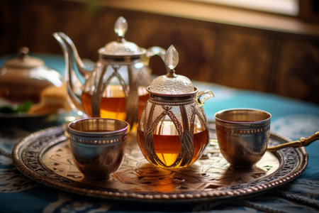 Traditional Moroccan tea set with decorative teapot, glasses, and mint leaves, showcasing the artistry and hospitality of Moroccan tea culture. Generative AIの素材