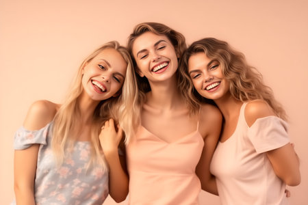 Three lovely female models dressed in pastel standing on studio background smiling, having fun, happy time concept. Generative AIの素材