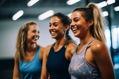 Fun in fitness clothing. Three female friends laughing happily in a gym. Generative AIの素材