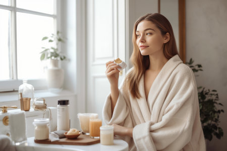 An elegant woman in a cozy bathroom setting, using a waxing kit, portraying the convenience and comfort of at-home waxing. Generative Aiの素材