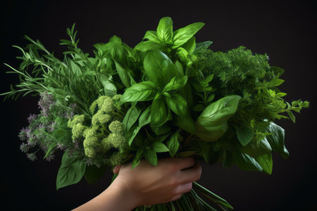 An image featuring hands holding a bunch of fresh herbs with vibrant green leaves, symbolizing the abundance of chlorophyll in culinary herbs. Generative AIの素材