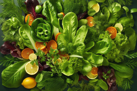 Colorful salad composed of various leafy greens and herbs, highlighting the chlorophyll content and promoting a healthy and nutritious diet. Generative Aiの素材
