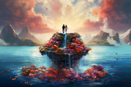 Couple standing on a surreal floating island, surrounded by a cascade of colorful flowers and butterflies, creating a whimsical and romantic scene that captures the essence of love. Generative AIの素材