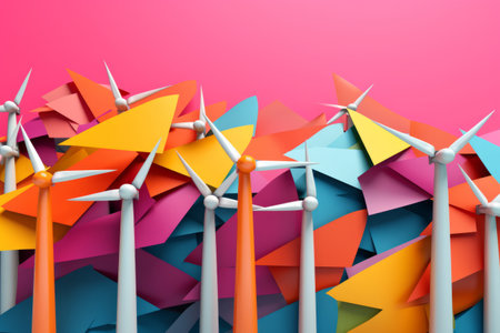 Colorful paper windmills, representing wind energy and promoting sustainable practices. Generative AIの素材