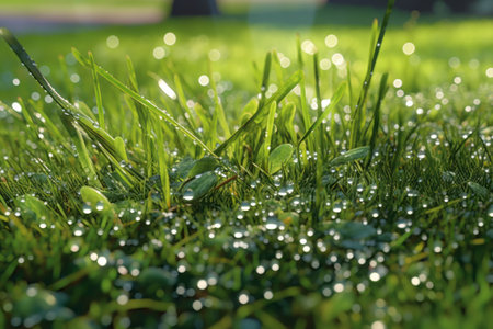Sparkling morning dew on a patch of green grass, accentuating the connection between chlorophyll, water, and the natural environment. Generative AIの素材