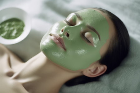 Woman receiving a rejuvenating spa treatment with a chlorophyll facial mask, promoting the benefits of chlorophyll for skincare and relaxation. Generative Aiの素材