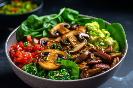 Vibrant salad bowl filled with fresh spinach leaves, sauteed mushrooms, and colorful toppings, appealing to health-conscious individuals and vegans. Generative Aiの素材
