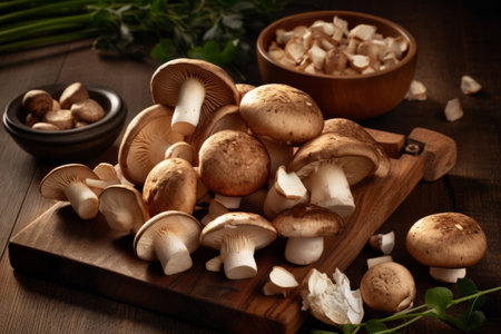 An image featuring a selection of freshly harvested mushrooms arranged neatly on a rustic wooden cutting board, highlighting their earthy texture and rich color. Generative AIの素材