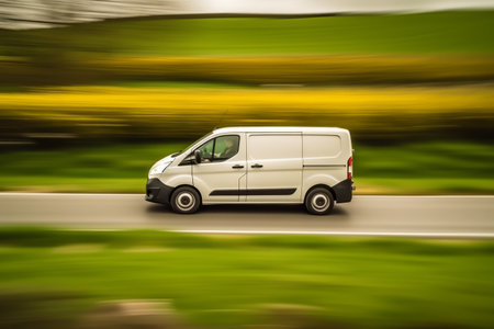 Logistic Delivery van on a country road panning effect. Generative Aiの素材
