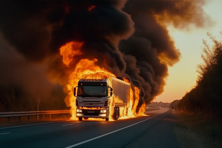 Burning transport service truck on a fast highway. Road closed and truck damaged. To the generativesの素材