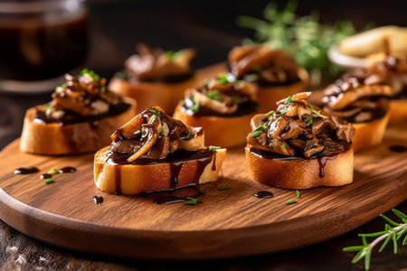 Bite-sized shiitake mushroom crostini topped with a drizzle of balsamic glaze, representing an elegant and flavorful appetizer option. Generative Aiの素材