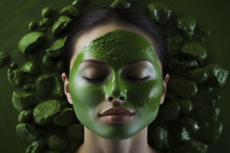 Woman receiving a rejuvenating spa treatment with a chlorophyll facial mask, promoting the benefits of chlorophyll for skincare and relaxation. Generative Aiの素材