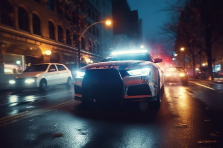 High-speed pursuit scene with a police car chasing criminals through city streets, conveying the excitement and adrenaline of the chase. Generative Aiの素材