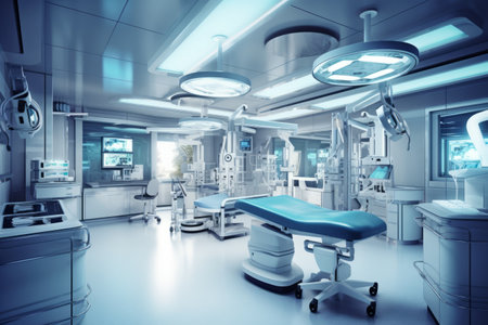 Well-equipped operating room with surgical instruments, monitors, and a sterile environment, conveying a sense of professionalism and expertise. Generative AIの素材