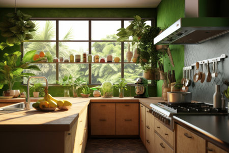 Modern kitchen with aloe vera-inspired design, featuring green accents, herb gardens, and fresh produce, evoking a sense of health and vitality in the culinary space. Generative Aiの素材