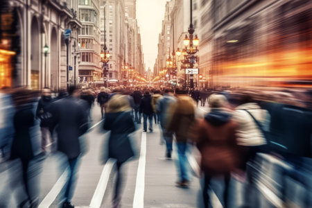 A blurred motion shot of people walking through a busy city street, conveying the dynamic and energetic atmosphere of urban life. Generative AIの素材