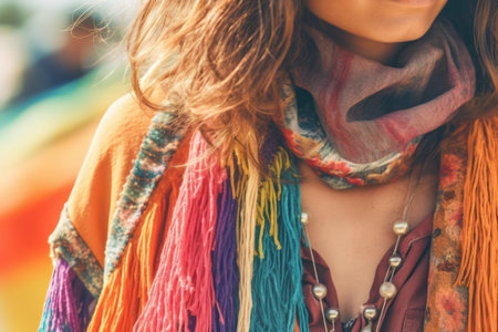 A close-up shot of a stylish individual wearing vintage hippie fashion, featuring flowing fabrics, fringe, and vibrant colors. Generative AIの素材