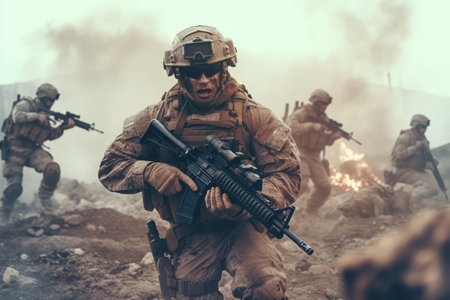 Group of soldiers in intense combat situations, representing the chaos and bravery. Generative AIの素材