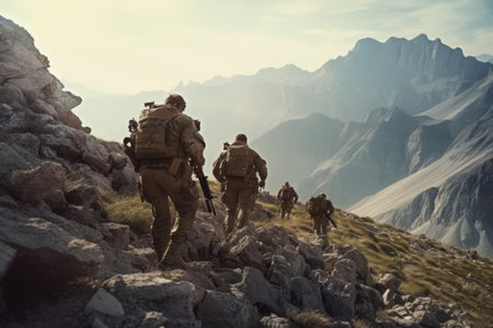 Soldiers on patrol, navigating through rugged terrain with their weapons at the ready.の素材