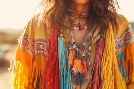 A close-up shot of a stylish individual wearing vintage hippie fashion, featuring flowing fabrics, fringe, and vibrant colors. Generative AIの素材