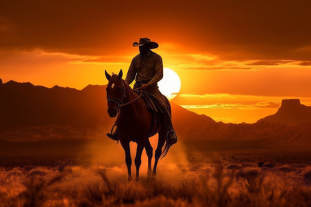 A silhouette of a cowboy riding against a vibrant sunset, capturing the beauty and solitude of the Western frontier. Generative Aiの素材