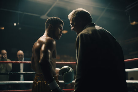 A dramatic image showcasing of boxer receiving advice in the corner of the boxing ring between rounds. Generative AIの素材