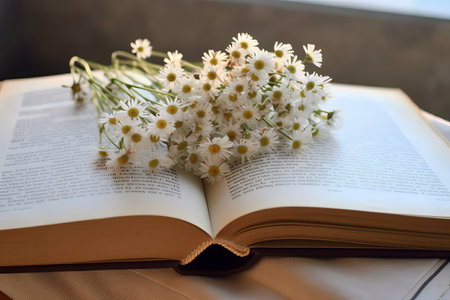 An open book with daisys growing out of it. Generative Aiの素材