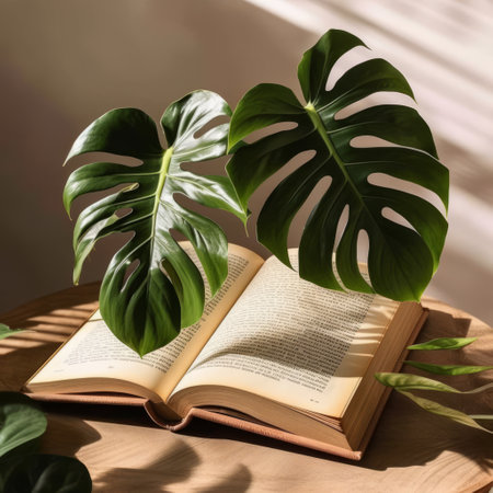 Open book with monstera plant growing out of it. Generative AIの素材
