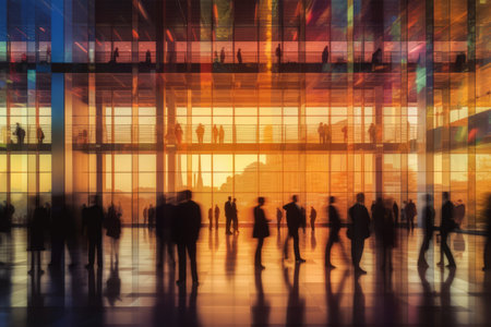 Blurred silhouette of office employees in a modern minimal business building. Generative Aiの素材