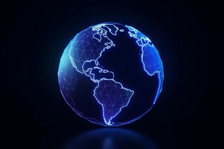 Holographic Glowing blue polygonal globe hologram on dark backdrop. Generative Aiの素材