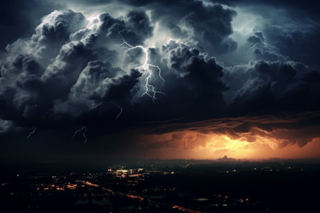 Dystopian sky with dark, brooding clouds, lightning strikes, and an eerie atmosphere, setting the stage for a world on the brink of collapse. Generative Aiの素材