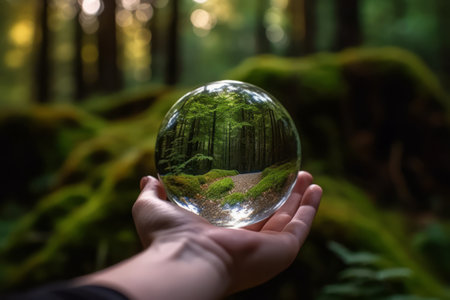 Holding a crystal ball in hand, blurry green forest in background. Generative Aiの素材