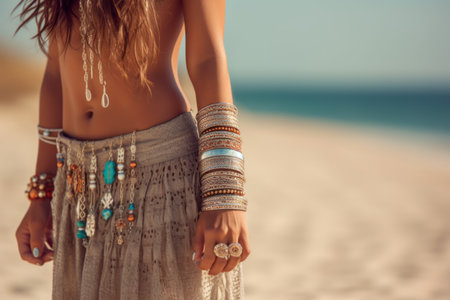 Bohemian styled girl wearing indian silver jewelry on the beach. Generative Aiの素材