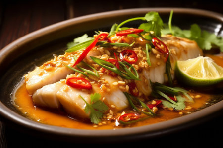 Thai dish of pla kapong neung manao, or steamed sea bass with lime sauce. The delicate sea bass is steamed and then bathed in a tangy lime sauce, with garlic, chili, and herbs. Generative Aiの素材