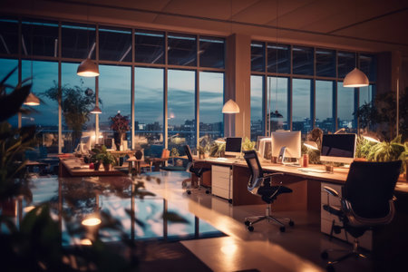 A sleek and contemporary image showcasing a well-designed office space with stylish furniture, natural lighting, and a clean aesthetic, reflecting a modern work environment. Generative AIの素材