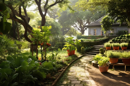 The villa garden with a variety of plants and trees that offer beauty and functionality. Fruit trees bear ripe and luscious fruits, while herbs and aromatic plants provide fragrance. Generative Aiの素材