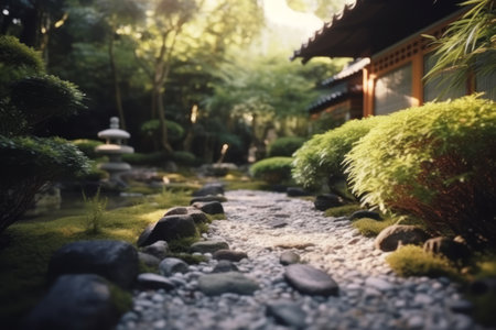 Tranquil Japanese Zen garden with meticulously raked gravel, lush greenery, and stone elements, representing peace and harmony. Generative AIの素材